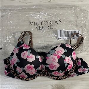 Victoria's Secret Black and Pink Floral Bra with Leopard Trim